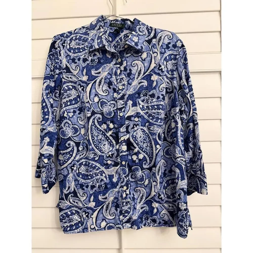 Lauren by Ralph Lauren women’s  blue paisley print button down shirt size 1X - Picture 2 of 6